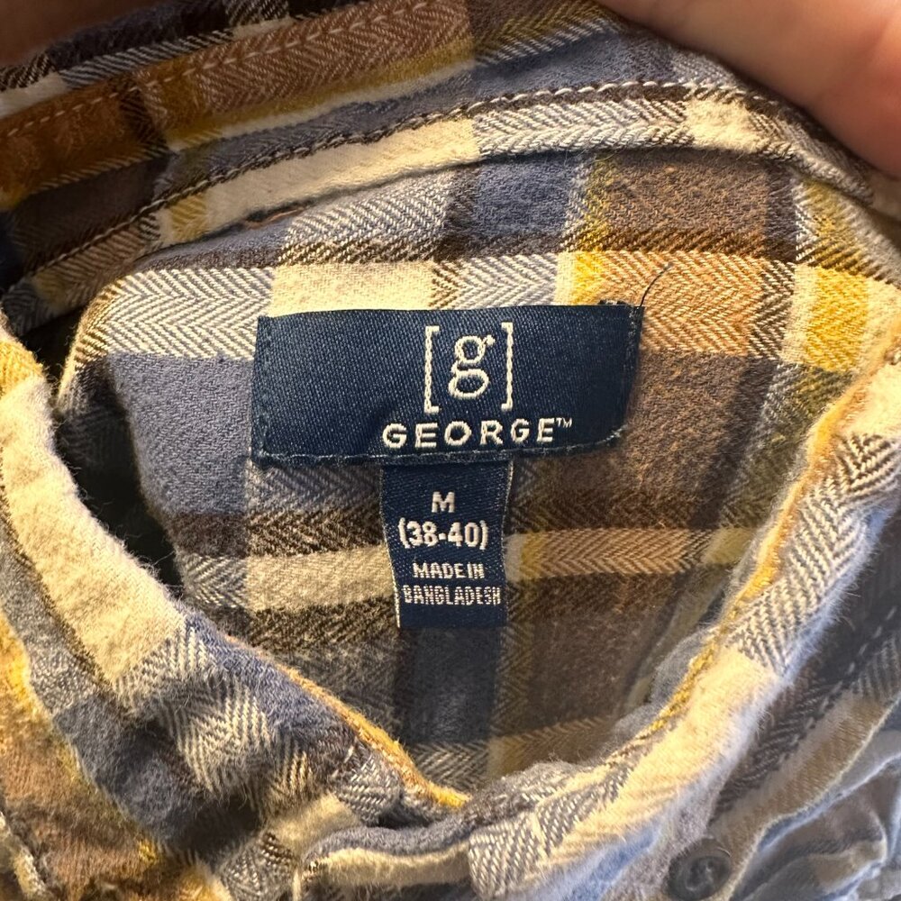 George Casual Button Down Mens Medium brown Blue Plaid Dress Flannel Shirt - Picture 3 of 6
